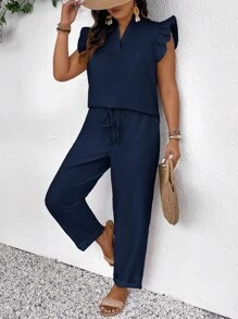 SHEIN Frenchy 2pcs Set Plus Size Solid Color Notched Neck Top And Drawstring Waist Wide Leg Pants,2 Pieces Summer Outfit - Navy Blue - View 1