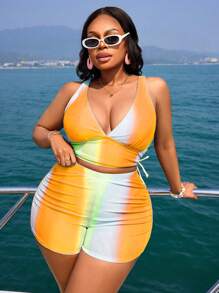 Slaydiva Traje de baño de 2 piezas de talla grande, bañador informal con estampado colorido y cintura alta para estilizar la figura, ropa de playa para vacaciones - Naranja Quemada - Ver 3