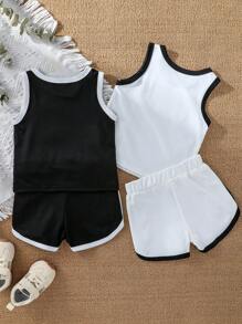 SHEIN 4pcs Baby Boy Set: Embroidered Sleeveless Top And Sports Shorts, Sports Style, Suitable For Summer Baby Clothes Set Boy Baby Sets Boy Clothes Set Boy Baby Clothes Baby Boys Sets Brand Baby Clothes Unisex Baby Clothes Neutral Bermuda Shorts 6M-3T, Infant Outfit Sets Boys Outfit Sets Summer Boy Clothes For Kids 3t Boy Clothes For Toddlers Kids Boys Clothing Summer Clothes For Boy - Black and White - View 2