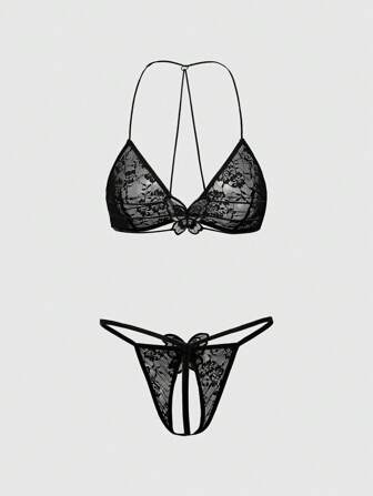 ROMWE Avant French Minimalist Lace-Up Triangle Cup Hollow Out Sexy Lingerie Set For Women