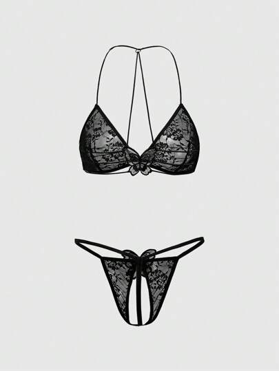 ROMWE Avant Französischer Minimalist Spitzen-Schnürrung Triangel-Tasse Ausschnitt Sexy Dessous-Set für Frauen