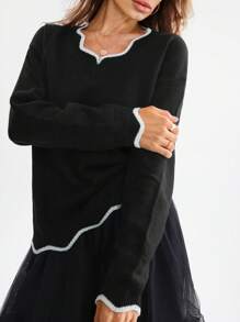 EMERY ROSE 女士秋冬拼色 V 领长袖休闲宽松毛衣、长袖上衣 - 黑色 - 查看 4