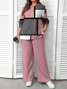 EMERY ROSE Casual Minimalist Full-Print Plus Size Hoodie Set, Spring & Autumn - White - View 1