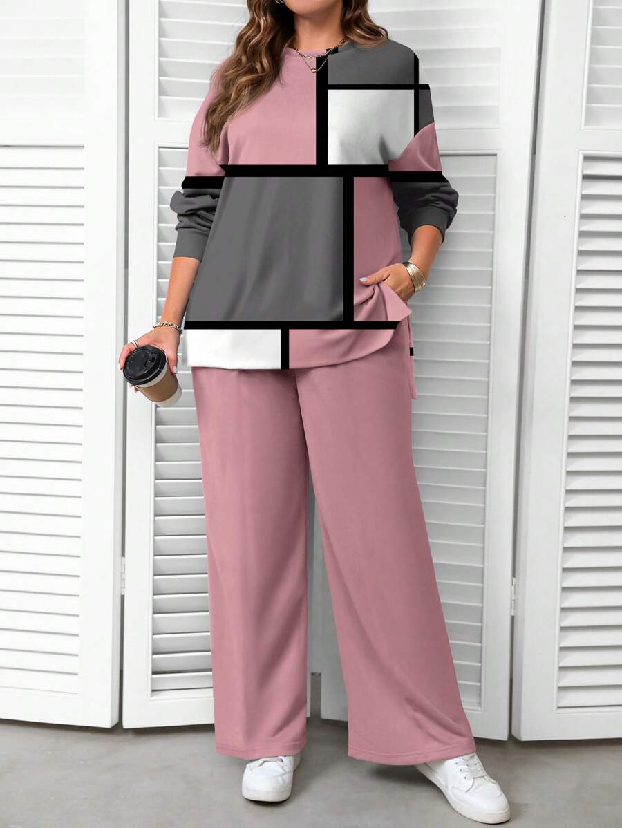 EMERY ROSE Casual Minimalist Full-Print Plus Size Hoodie Set, Spring & Autumn - White - View 1