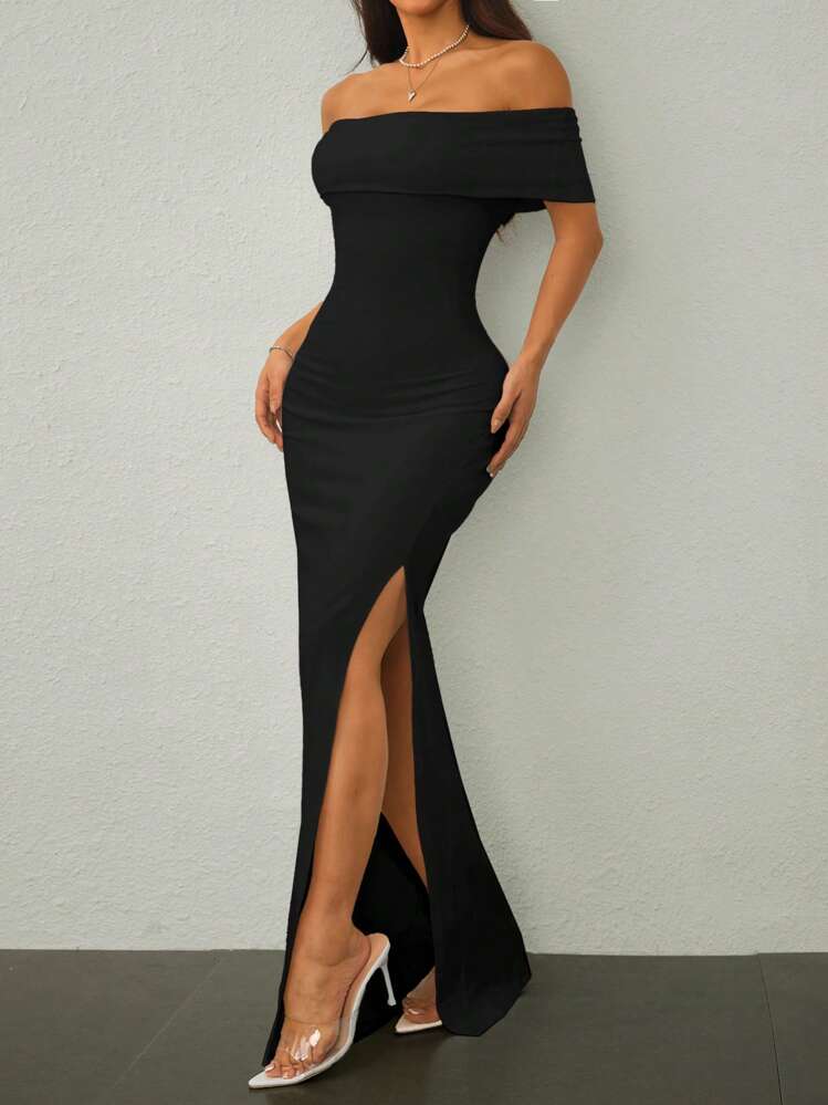 shein black dress with slit Black Off Shoulder Slit Dress Wedding Guest Fall Semi Formal Dresses Elegant Slim Fit Bodycon Knitted Fabric Mid Waist Party Vacation