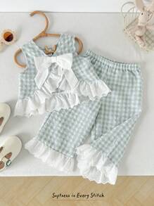 Cozy Pixies 2pcs Baby Girl Sets: Contrast Trim Crew Neck Sleeveless Cardigan Top And Elastic Waist Pants