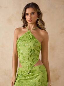 SHEIN BAE Pure Green Spaghetti Strap Elegant Pearl Floral Backless Tie Camisole Top, Glittery Sequin Spaghetti Strap Backless Top, Suitable For Beach Resort Vacation, Sexy Backless Sequins Pearl Decorated Camisole - Green - View 6