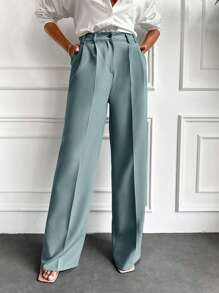 EURMUSE Solid Slant Pocket Wide Leg Suit Pants - Mint Green - View 5