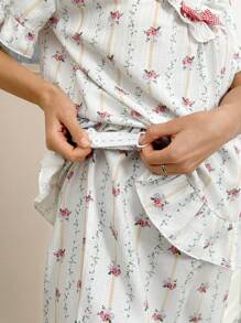 Moonlight&Mama Maternity Countryside Style Ditsy Floral V-Neck Ruffle Trim Short Sleeve Pajama Set For Pregnant Women Holiday Season - Multicolor - View 6