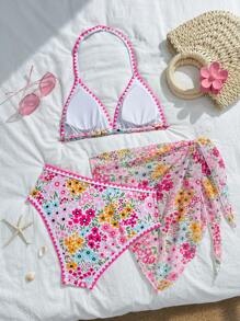 SHEIN Teen Girls Tropical Flower Print Halter Neck Bikini Swimsuit Set With Beach Skirt - Multicolor - View 2