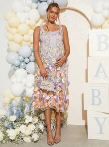 Loomaby Umstandsmode Sommerkleid mit Blumen-Stickerei, elegant, ärmelos, Gender Reveal Kleid, Baby Shower Kleid, Umstandskleid - Verschiedenfarbig - Übersicht 5