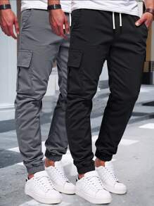 Manfinity Homme Pantalones cargo casuales de color liso y minimalistas con cordones para hombres
