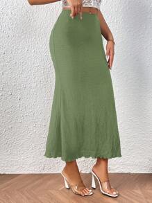SHEIN PETITE CURVE 大码女式纯色美人鱼下摆黑色半身裙 - 橄欖綠 - 查看 4