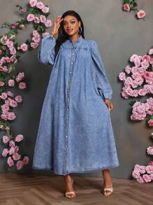 SHEIN Lady Plus Size Casual Long Sleeve Denim Dress, Blue Holiday Outfits, Fall Women Clothes