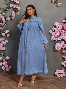 SHEIN Lady Plus Size Casual Long Sleeve Denim Dress, Blue Holiday Outfits, Fall Women Clothes