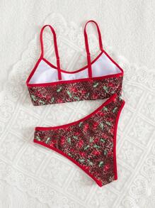 Swim Vcay Conjunto de bikini de mujer rojo con cordón, pantalones de corte alto para vacaciones de verano, playa y festivales de música con estampado de leopardo y cereza - Multicolor - Ver 4