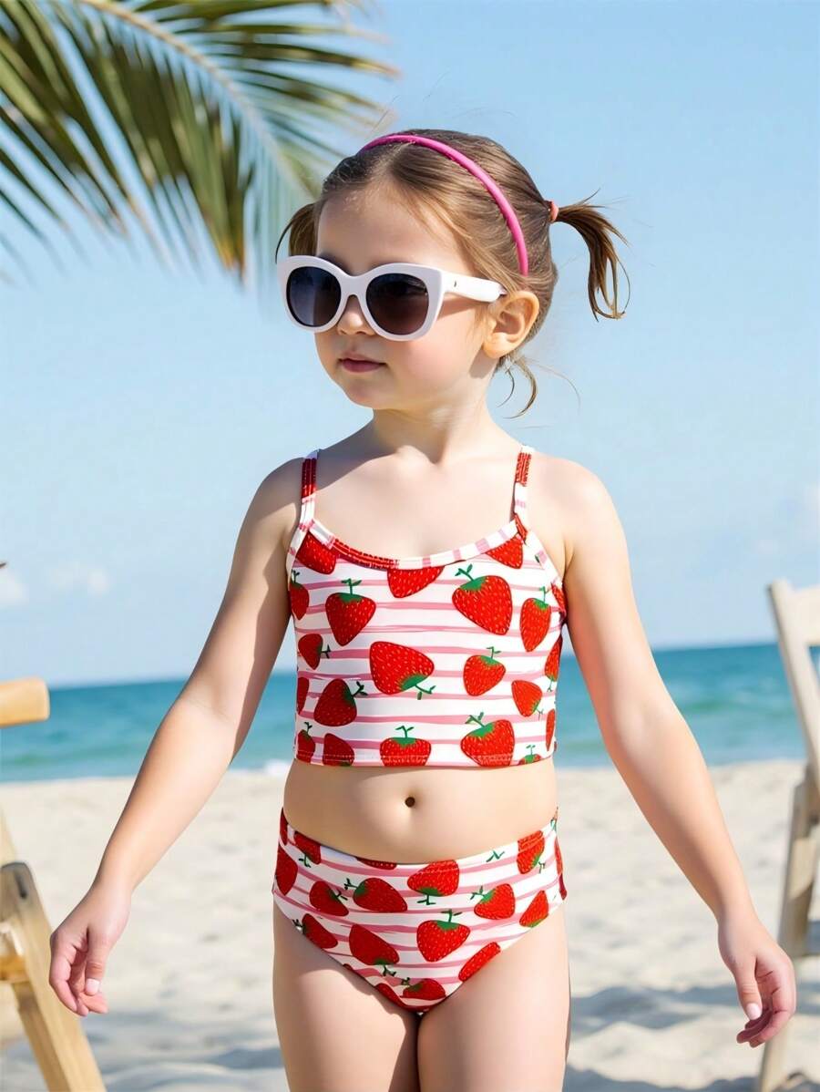 SHEIN 年轻女孩草莓条纹度假比基尼套装 - 彩色 - 查看 1