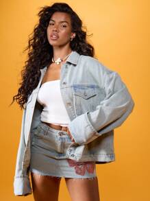 MISSGUIDED 超大卡车司机牛仔夹克复古风翻边袖子四季街头风格街头服饰休闲外套 Y2K 时尚破洞毛边 - 淺色水洗藍 - 查看 1