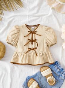 Travachic KIDS Cute "Babygirl" Bow Decor Apricot Short Sleeve Top, Versatile Summer Holiday Wear - Apricot - View 3