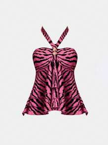 ROMWE J-Fashion Shibuya Girl Y2K斑马纹金属纽扣露背女装