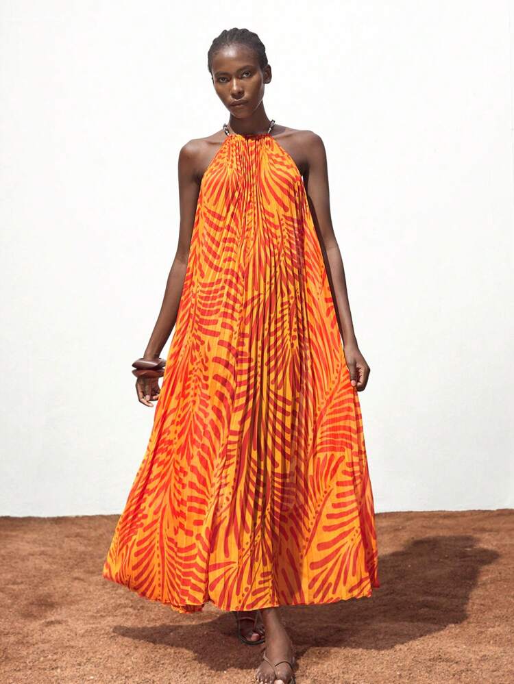 SHEIN Maija Orange Digital Print Pleated Chiffon A-Line Loose Beach Dress For Women, Casual & Fashion, Spring/Summer