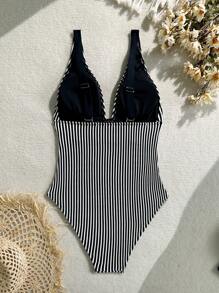 Swim Vcay Women Striped Print One-Piece Swimsuit, Perfect For Vacation For Summer - Black and White - View 4
