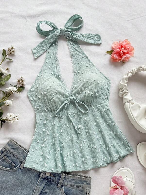 Soleia Damen Urlaubs Gestrickte Polka Punkt Jacquard Strukturierte Halter mit Schleife V-Ausschnitt Tailliert Trapez Trägerhemd, für Party, Date, Valentinstag, Nachmittagstee