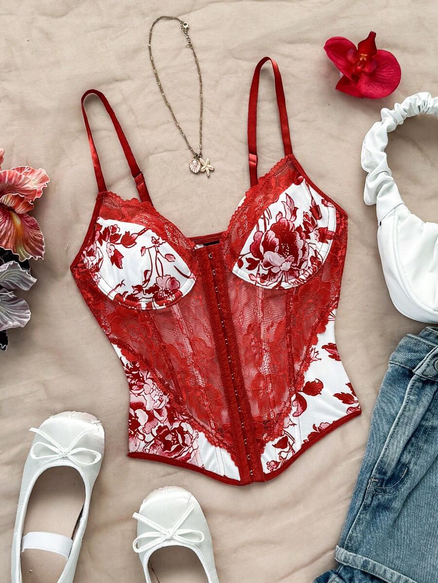 Soleia Áo crop top xương cá vá ren rỗng màu xanh và trắng, phong cách cổ điển, dành cho phái nữ - Đỏ và trắng - Xem 1