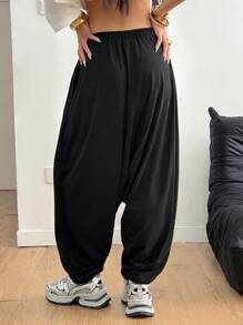 Coolane 女士和男士夏季街头休闲运动嘻哈复古舒适多褶裆裤 - 黑色 - 查看 2