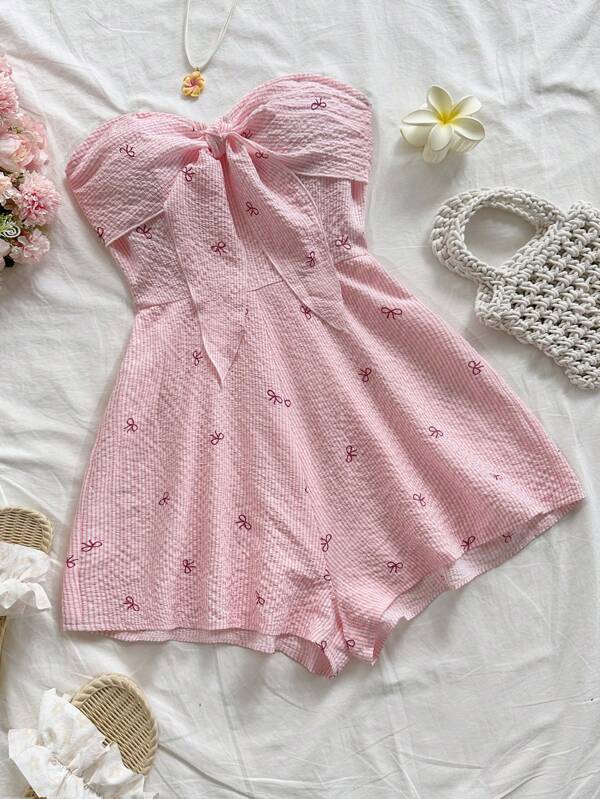 Soleia Mono de mujer para vacaciones, carnaval, crucero de playa, con diseño de rayas rosas y blancas con moño, con pliegues delanteros y espalda retorcida, de ajuste holgado, apropiado para fiestas, citas, té de la tarde, atuendo de verano