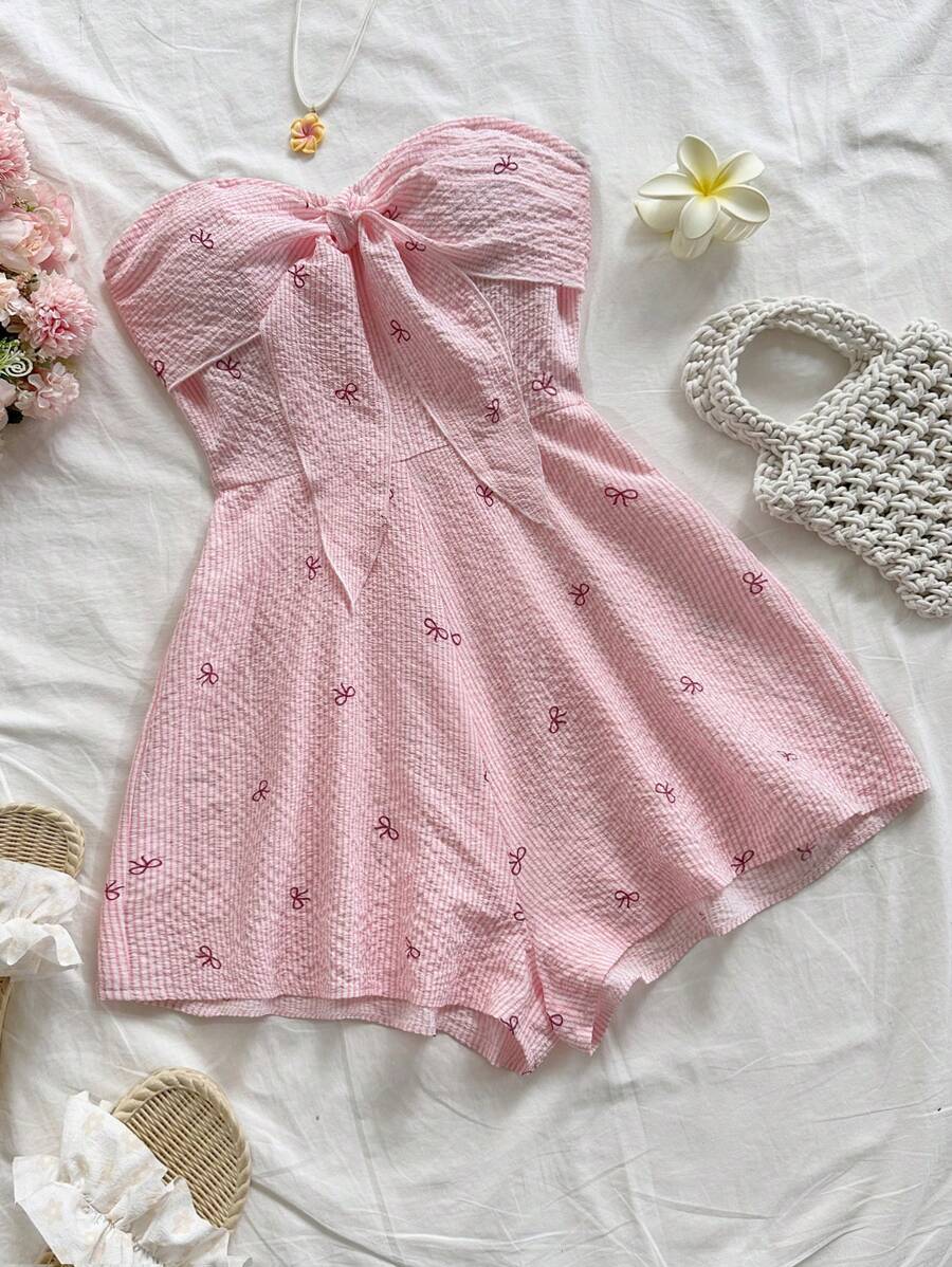 Soleia 女士节日、狂欢节、海滩巡航度假连体衣，粉色和白色条纹蝴蝶结设计，褶皱前扭后宽松连体衣，适合派对、约会、下午茶、夏季服装 - 彩色 - 查看 1