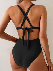 Swim Lushoire 女式连体性感泳衣，深 V 领镂空前部和交叉后背设计，休闲舒适的度假泳装 - 黑色 - 查看 2