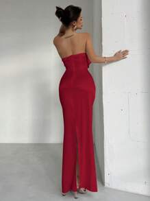 Firerie Đầm Maxi xếp ly hở lưng bằng vải satin 3D gợi cảm mới cho nữ, hở lưng, dự tiệc/dạ hội/sang trọng/cổ điển/ngày lễ/tiệc tối/hẹn hò/gợi cảm - Màu Đỏ Sâu - Xem 4