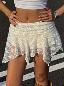 Teen Girls Lace Hem Ruched Asymmetrical Hem Skirt, Built-In Faux Sheer Shorts Lining