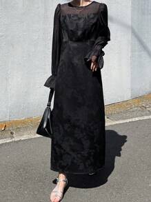 FRIFUL Women's Solid Black Patchwork Sheer Fabric Fitted Midi Dress, Long Dress, Business Casual Dress, Suitable For Holidays