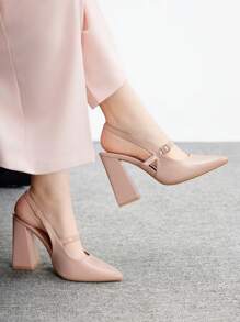 CUCCOO BIZCHIC 女士时尚粉色粗跟尖头露跟浅口鞋，基本款 - 淺粉色 - 查看 2