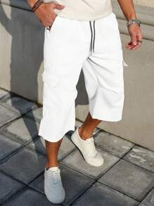 Manfinity Homme Men's Solid Color Drawstring Waist Casual Loose Cargo Capri Pants, Summer - White - View 4