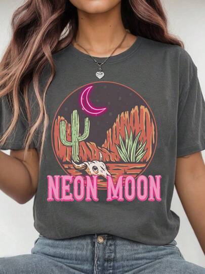 EMERY ROSE Comfortable Neon Moonlight Shirt, Desert Moonlight T-Shirt, Desert Cactus T-Shirt, Country Music Shirt, Summer T-Shirt, Western Skull Shirt, Desert T-Shirt