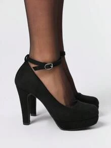 ROMWE Goth Chaussures femme talons hauts noirs à bout fermé, talons aiguilles avec boucle, chaussures de soirée à plateforme, chaussures de soirée à talon bas, chaussures à talons hauts pour femmes - Noir - Voir 3