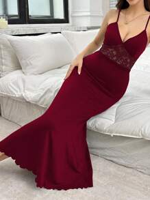Women's Mermaid Lace See-Through Bodycon Long Nightgown - Burgundy - View 1