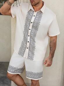 Manfinity Homme Plus Size Men's Short Sleeve Shirt And Shorts Set, Fashionable For Summer It Is Great For Couples And Makes An Excellent Gift Idea For Boyfriends Or Husbands.