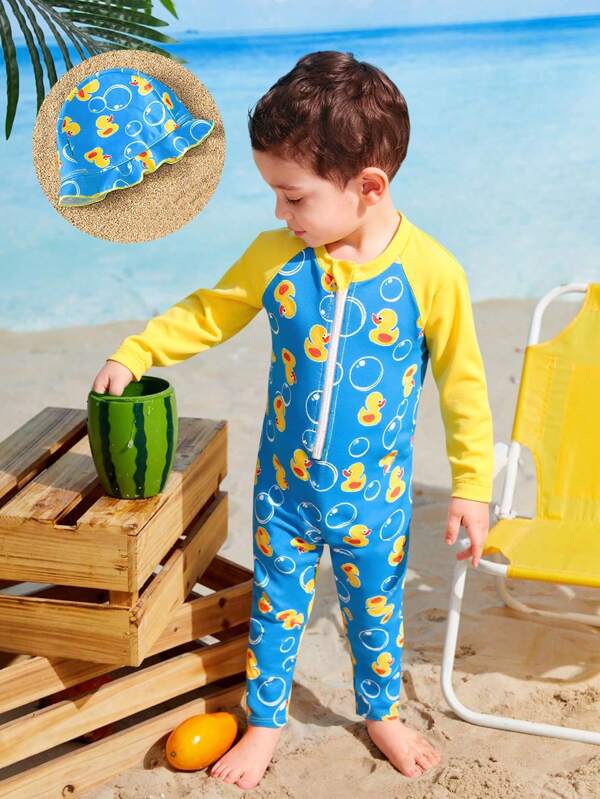 Maillot de bain une pièce à manches longues avec imprimé canard pour bébé garçon, vacances d'été à la plage