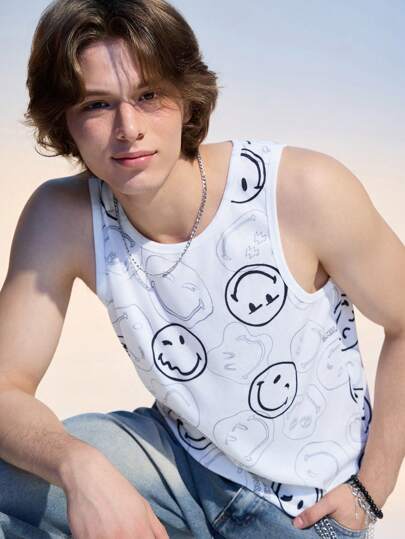 SmileyWorld® | SHEIN Men's Smiling Face Print Round Neck Tank Top, Summer