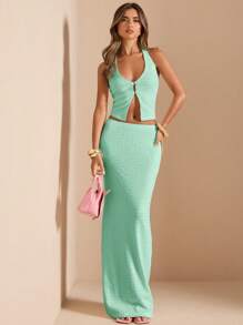 SHEIN BAE 2 件套女式夏季纯色性感深 V 领露背纹理露背短款上衣和长裙套装，度假白色服装 - 薄荷綠 - 查看 6