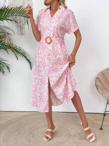 SHEIN LUNE Women's Casual Floral All-Over Print Mid-Length Dress,White And Pink Summer Boho Vacation Holiday Wedding Guest Graduation Dress Concert Outfits - Pink - View 7