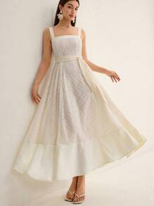 BELROSIE New French Style Sleeveless Mesh Patchwork Thick Satin Maxi A-Line Dress For Women Elegant FashionableOld Money Style  For Summer Spring Fall Autumn - Apricot - View 3