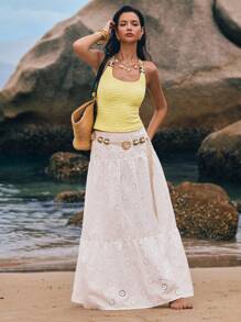 Poéselle 女士波西米亚风奶油黄纹理串珠装饰吊带背心，外出上衣，可爱夏季上衣，度假，海滩 - 黃色 - 查看 5