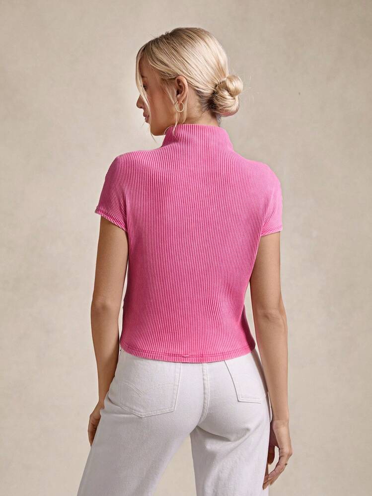 Wildy 女式罗纹针织立领口袋短袖 T 恤 - 玫紅色 - 查看 3