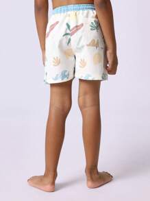 SUMWON 复古夏季海滩印花泳裤儿童泳池短裤夏威夷风格棕榈树冲浪板海浪图案弹性腰带抽绳开合