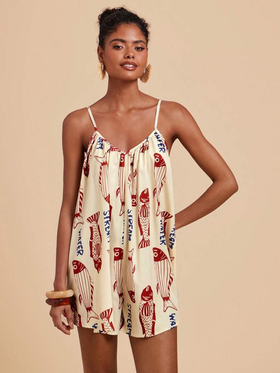 Travachic 女士休闲和假日鱼印花露背系带连体裤，夏季，女士夏季服装，沙滩装，女士沙滩装，女士度假服装，舒适，飘逸，女士连体裤 - 彩色 - 查看 1